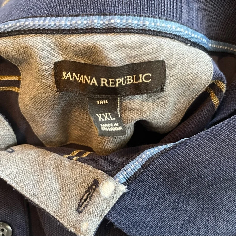Banana Republic XXL Tall Mens Polo Shirt Navy Yellow Stripe Elephant Logo Cotton